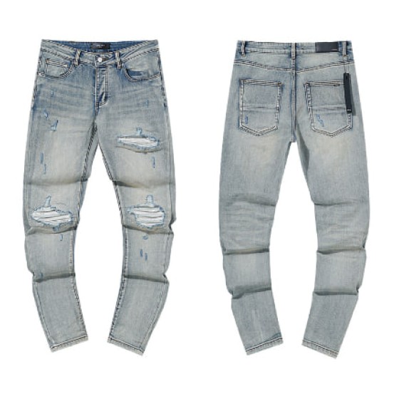 Light Blue Washed Denim Jeans with Multi-Rip Distressing
